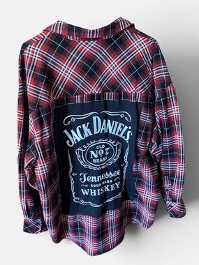 Upcycled Oversized Plaid Button-Down Flannel with Jack Daniel's Back Panel